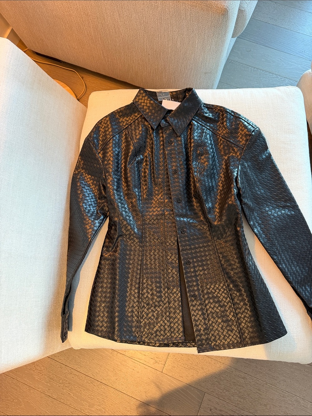 AKIRA Black Textured Faux-Leather Button-Up Jacket